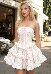 Strapless Floral Ruffle Corset Dress White Pink
