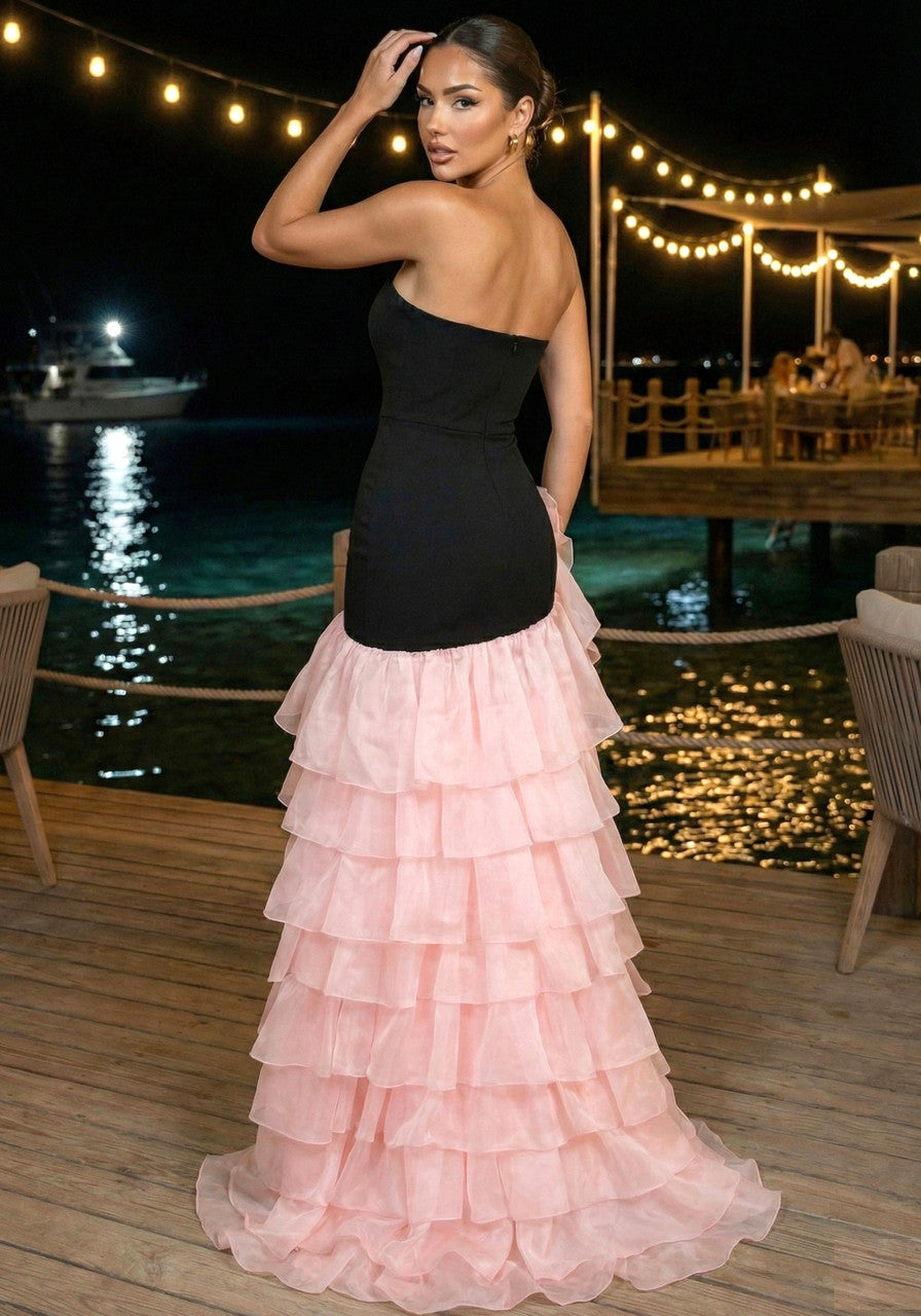 Strapless Floral Ruffle Maxi Dress Black Pink