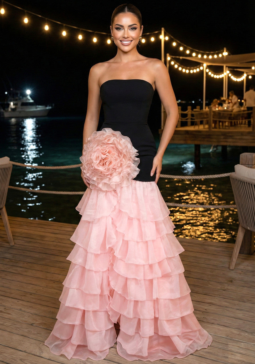 Strapless Floral Ruffle Maxi Dress Black Pink