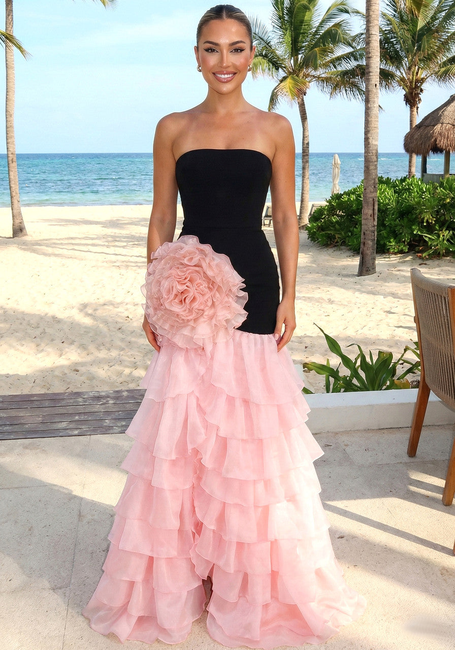 Strapless Floral Ruffle Maxi Dress Black Pink