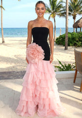 Strapless Floral Ruffle Maxi Dress Black Pink