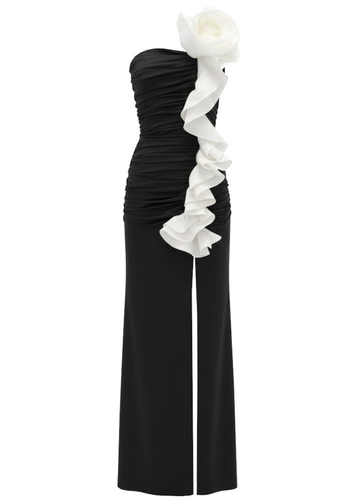 One Shoulder Floral Ruffle Maxi Dress Black White