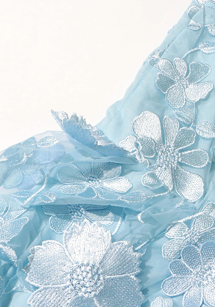 Strapless Floral Ruffle Maxi Dress Light Blue