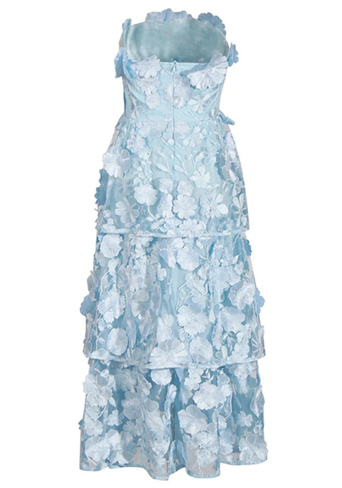 Strapless Floral Ruffle Maxi Dress Light Blue