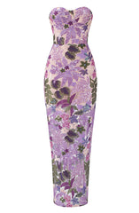 Strapless Floral Sequin Bustier Maxi Dress Lavender