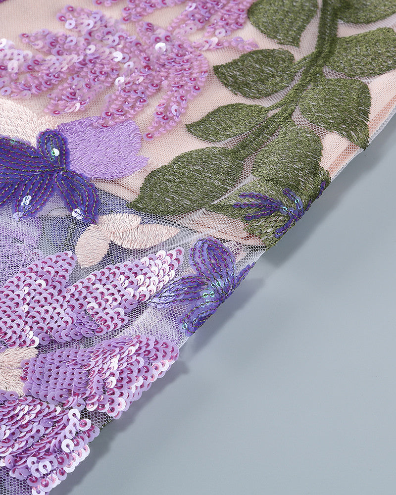 Strapless Floral Sequin Bustier Maxi Dress Lavender