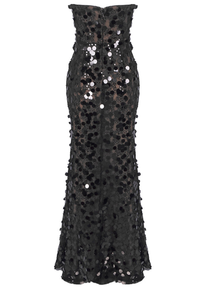 Strapless Sequin Floral Maxi Dress Black