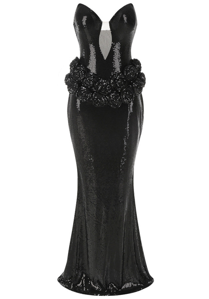 Strapless Floral Sequin Maxi Dress Black