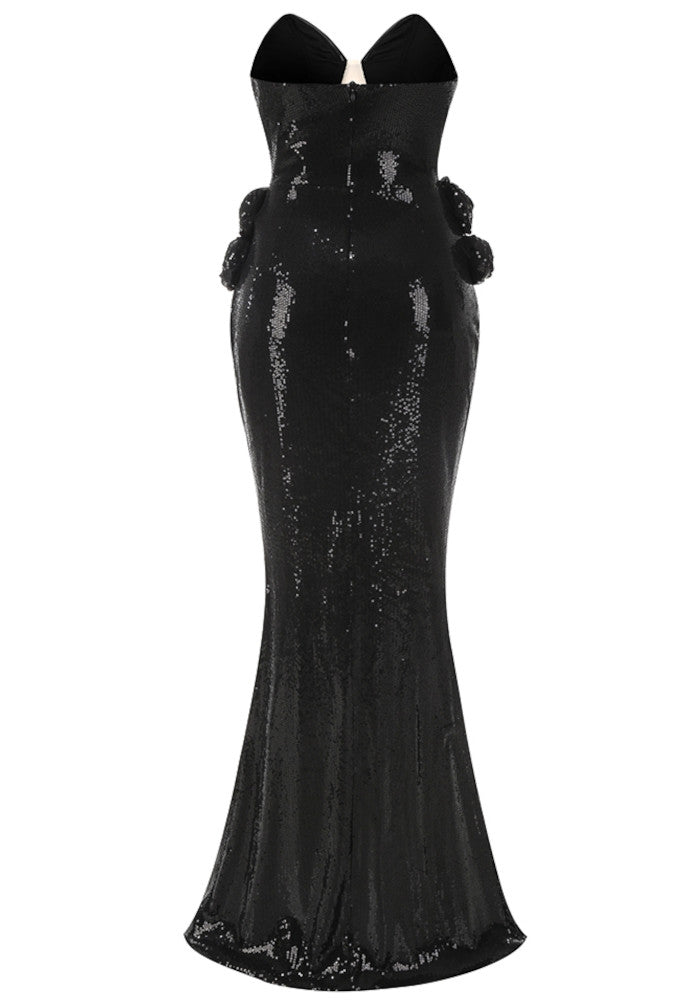 Strapless Floral Sequin Maxi Dress Black