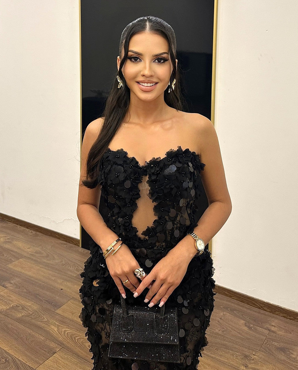 Strapless Sequin Floral Maxi Dress Black