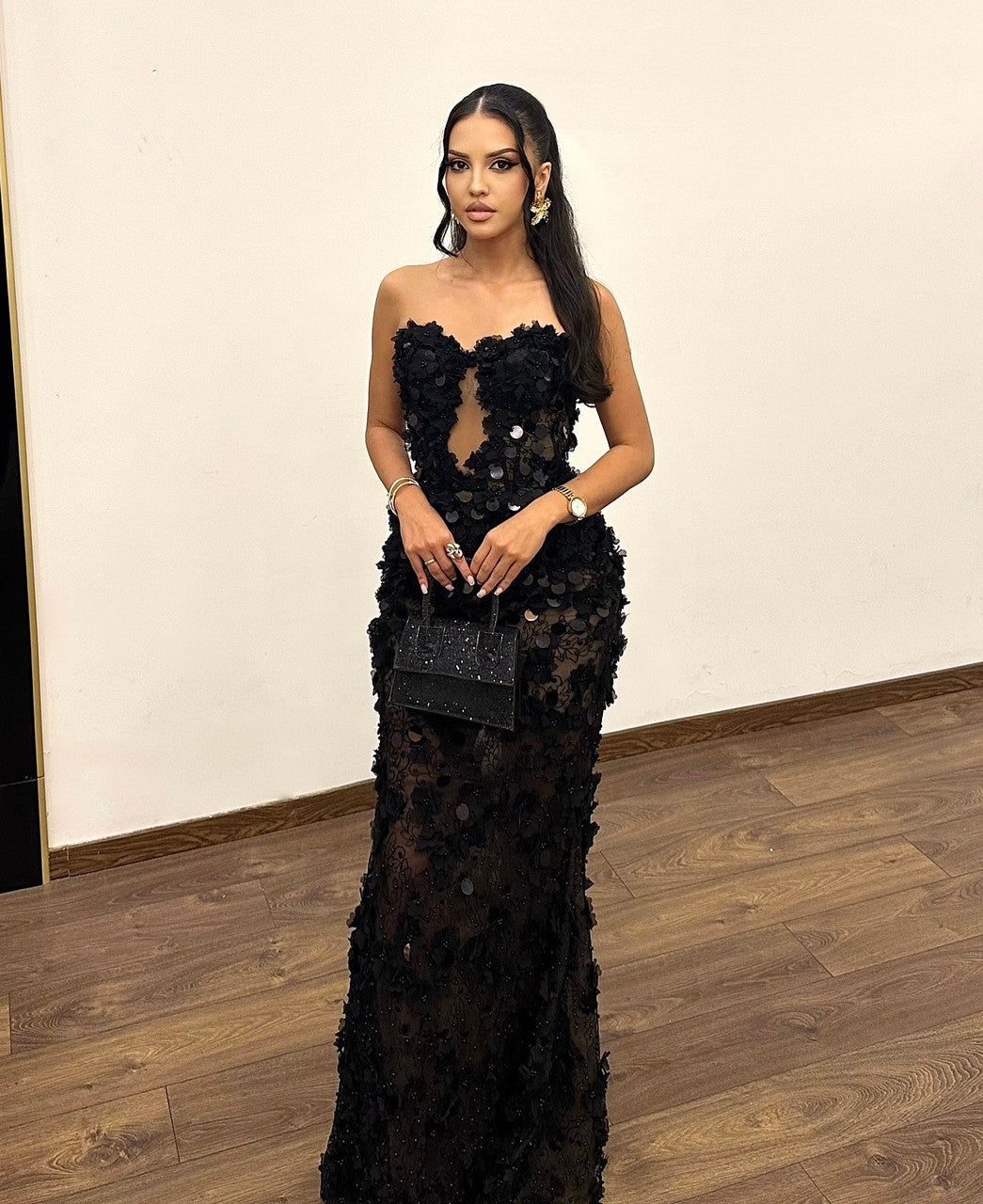 Strapless Sequin Floral Maxi Dress Black
