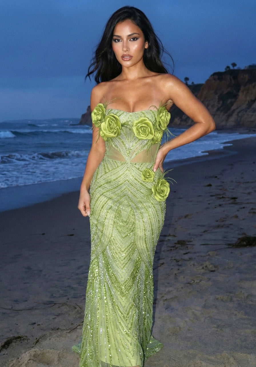 Strapless Floral Feather Sequin Maxi Dress Green