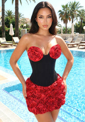 Strapless Floral Two Piece Corset Dress Black Red
