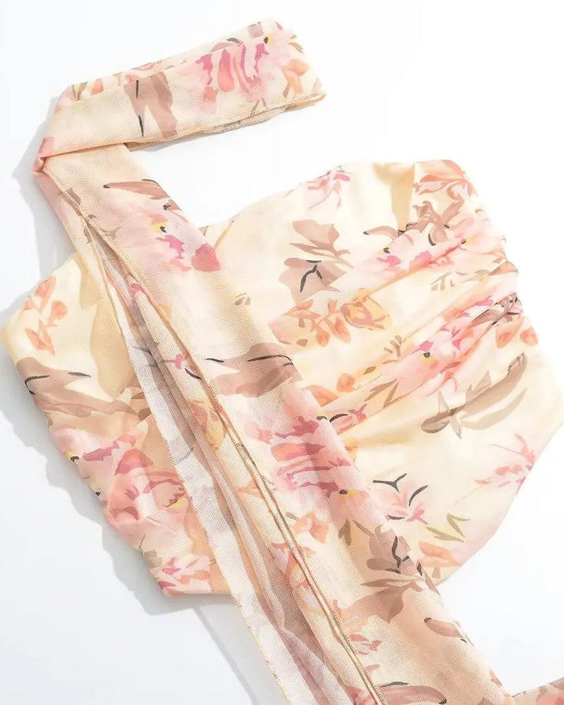 Strapless Draped Floral Two Piece Maxi Dress Peach