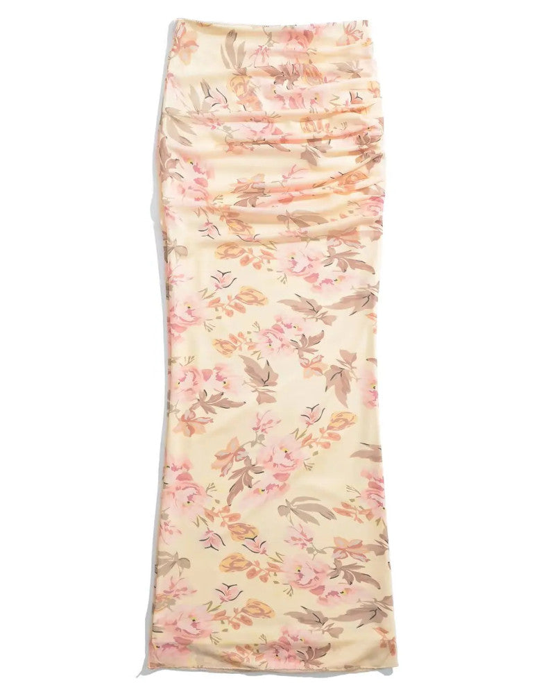 Strapless Draped Floral Two Piece Maxi Dress Peach