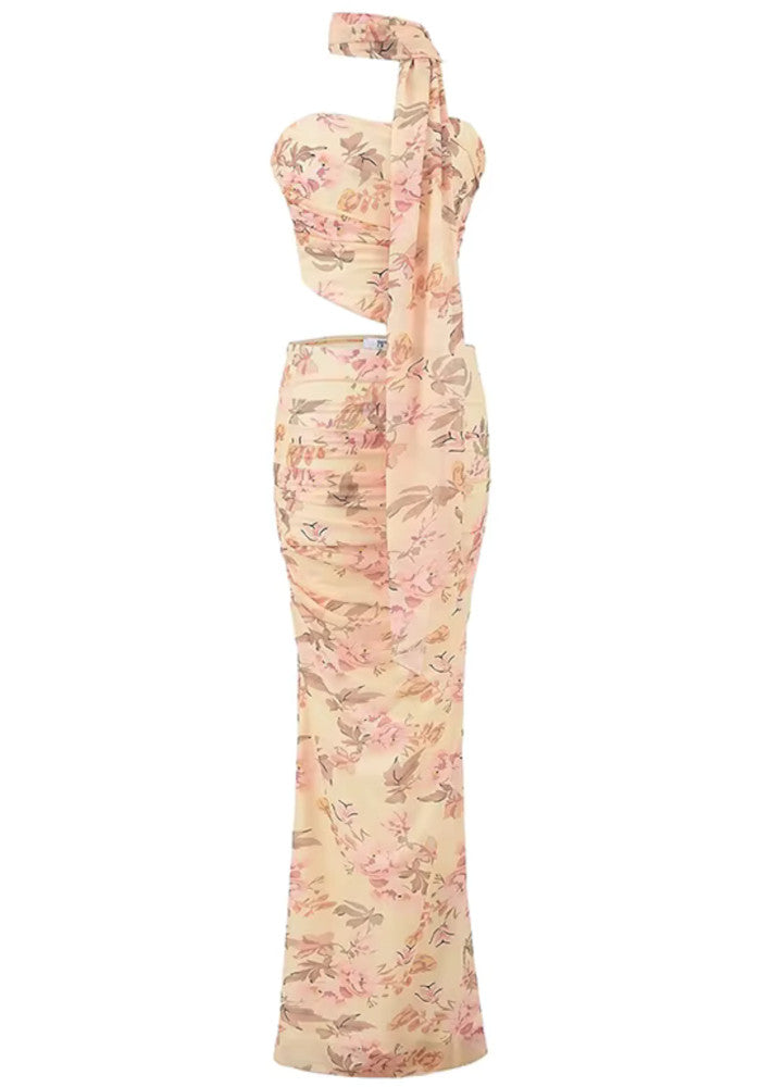 Strapless Draped Floral Two Piece Maxi Dress Peach
