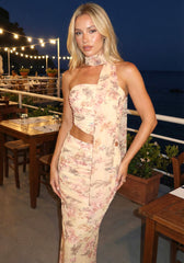Strapless Draped Floral Two Piece Maxi Dress Peach