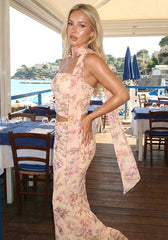 Strapless Draped Floral Two Piece Maxi Dress Peach