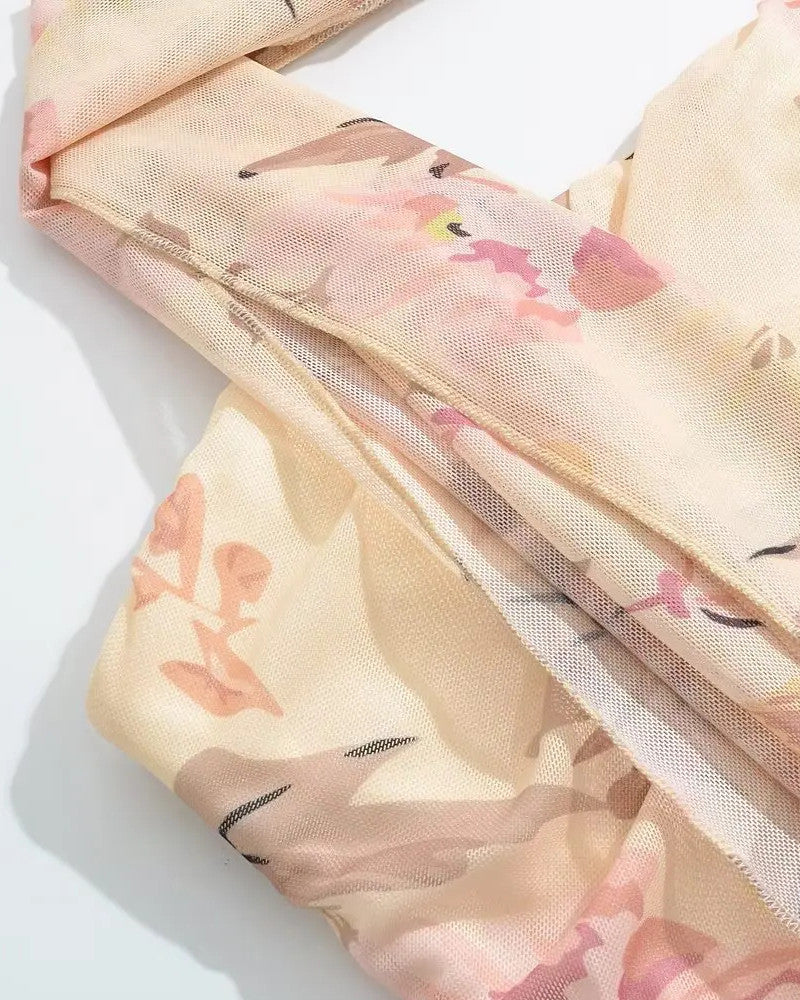Strapless Draped Floral Two Piece Maxi Dress Peach
