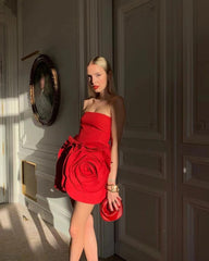 Strapless Flower Detail Dress Red