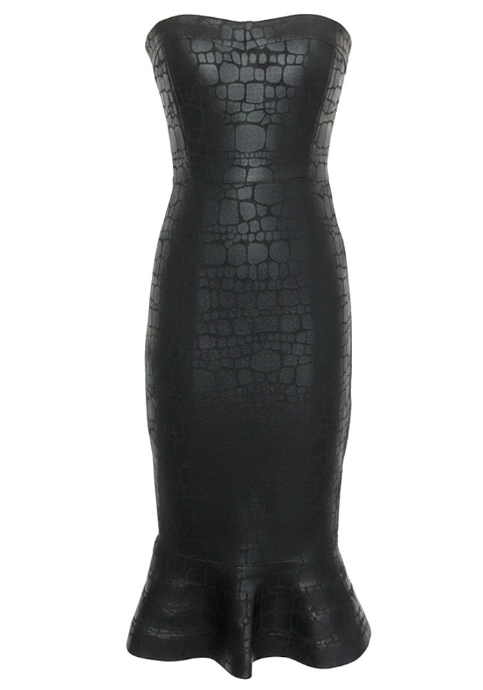Strapless Fluted Midi Dress Black