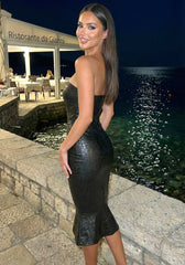 Strapless Fluted Midi Dress Black
