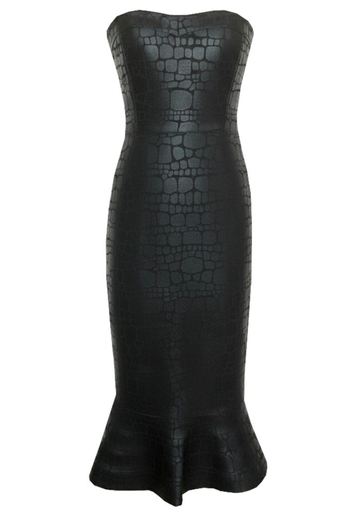 Strapless Foil Print Fluted Midi Dress Black