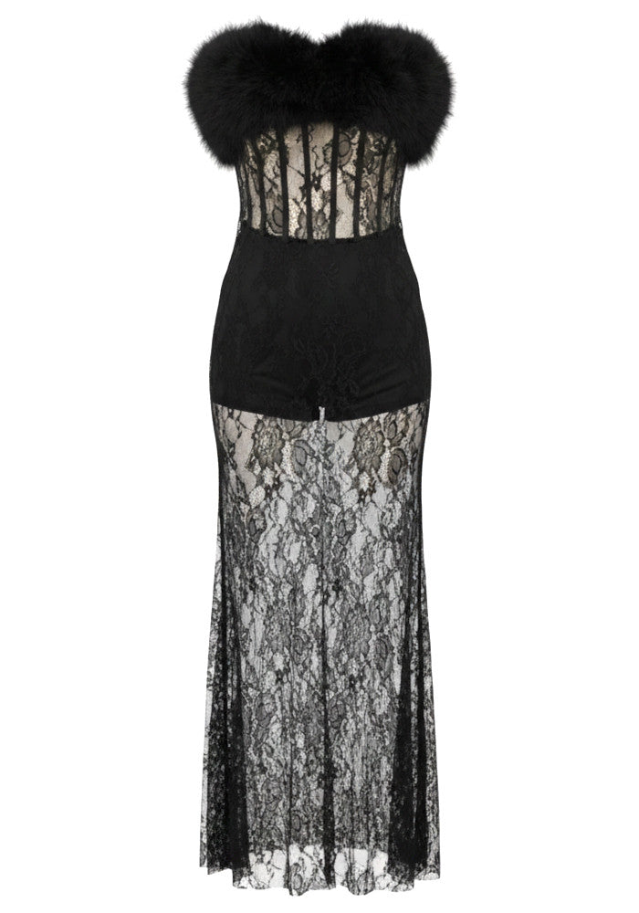 Strapless Fur Lace Maxi Dress Black