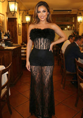 Strapless Fur Lace Maxi Dress Black