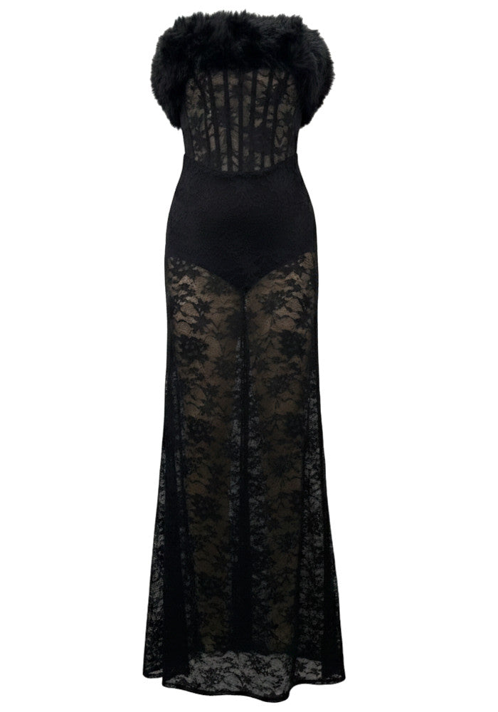 Strapless Fur Structured Lace Maxi Dress Black