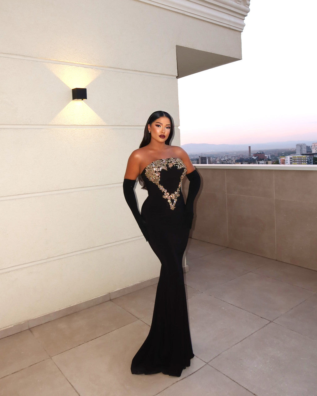 Strapless Gold Applique Maxi Velvet Dress Black