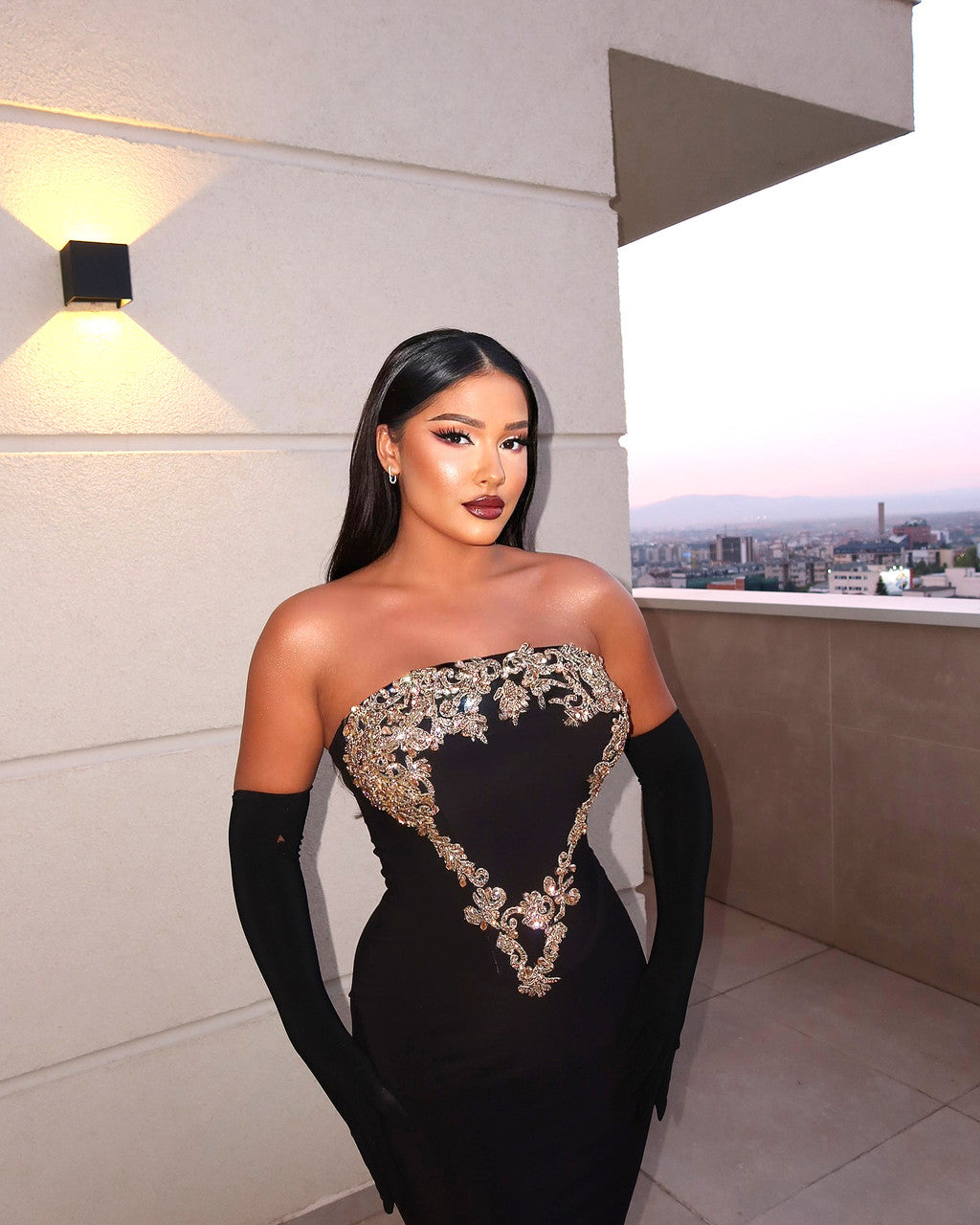 Strapless Gold Applique Maxi Velvet Dress Black