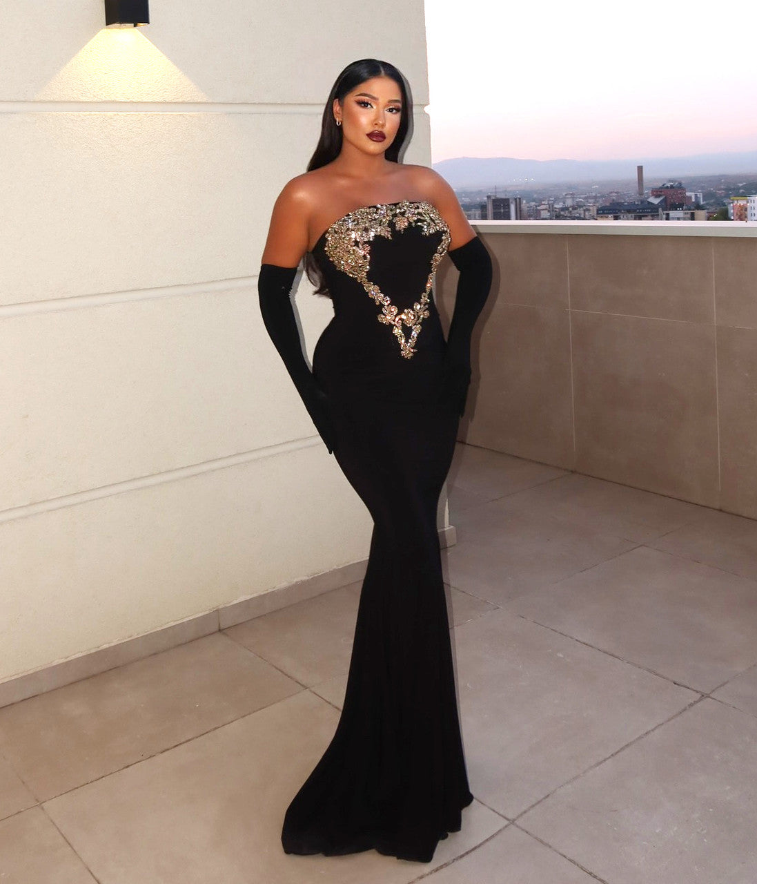Strapless Gold Applique Maxi Velvet Dress Black