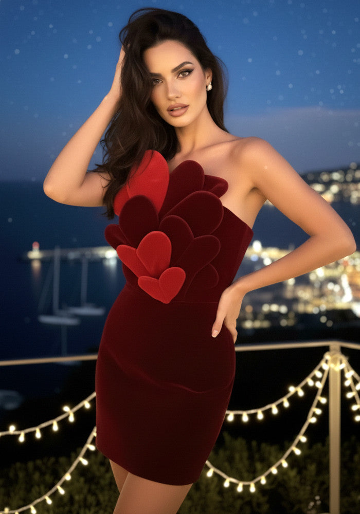 Strapless Heart Detail Velvet Dress Red Burgundy