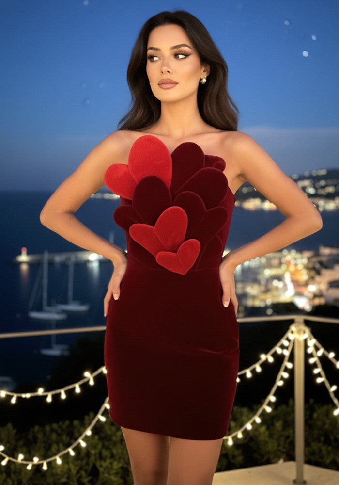 Strapless Heart Detail Velvet Dress Red Burgundy