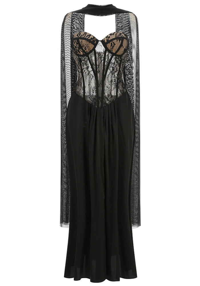 Strapless Lace Bustier A Line Maxi Dress Black