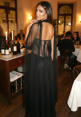 Strapless Lace Bustier A Line Maxi Dress Black