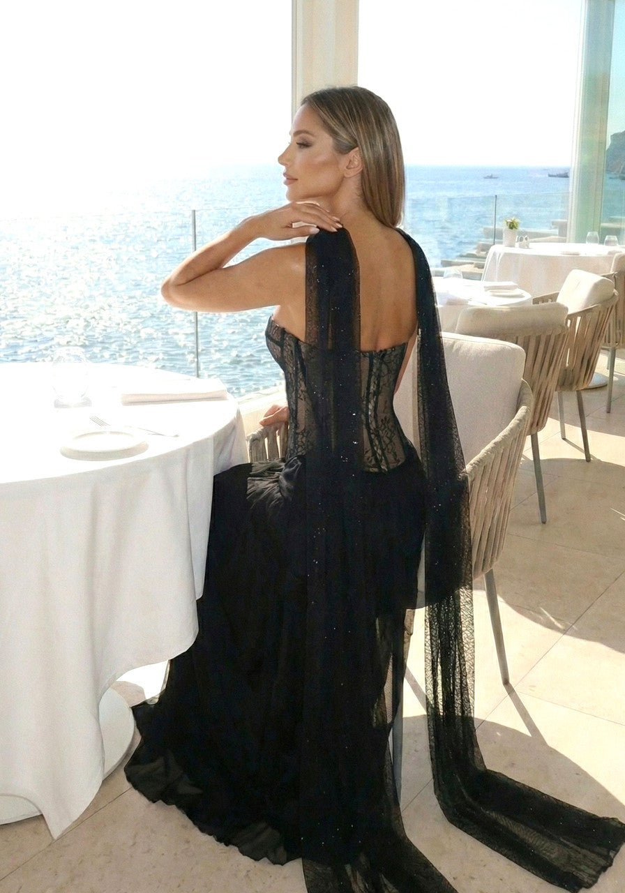 Strapless Lace Bustier A Line Maxi Dress Black