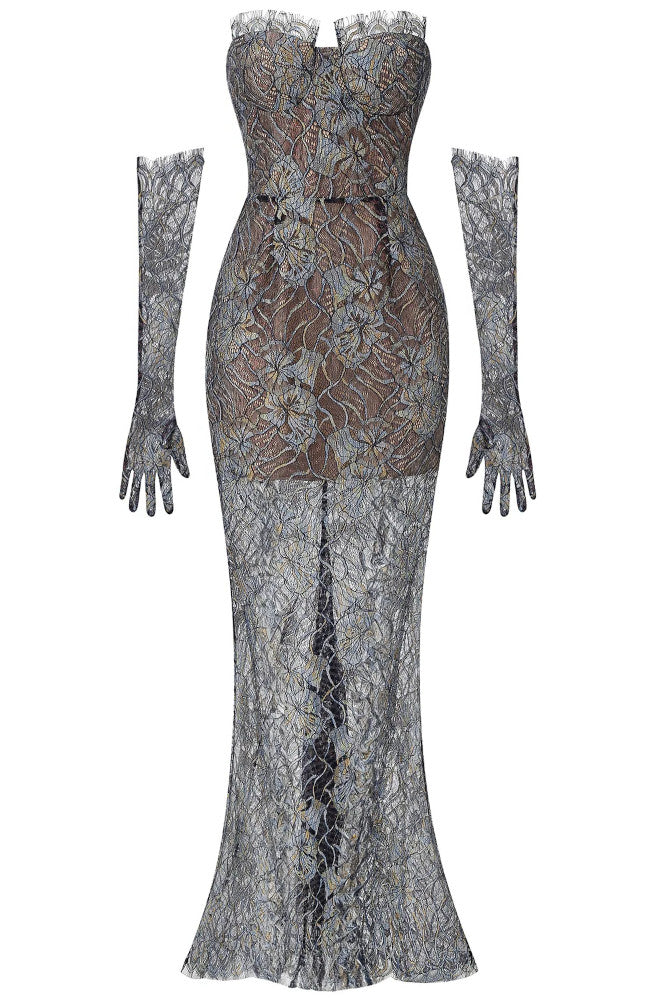 Strapless Corset Lace Maxi Dress Black Silver