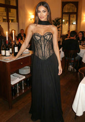 Strapless Lace Bustier A Line Maxi Dress Black