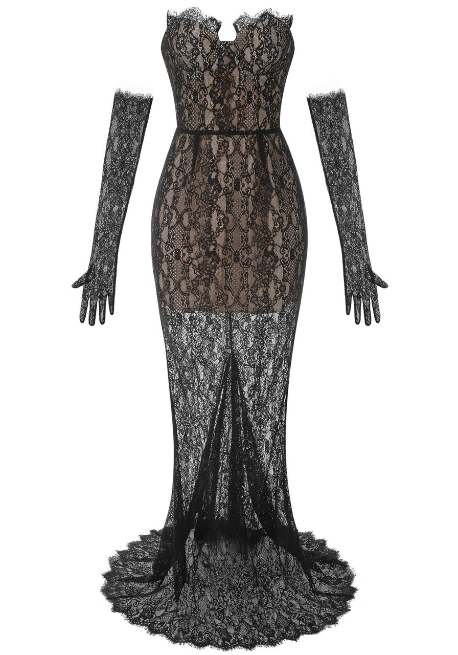 Strapless Lace Bustier Corset Maxi Dress Black