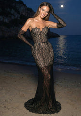 Strapless Lace Bustier Corset Maxi Dress Black