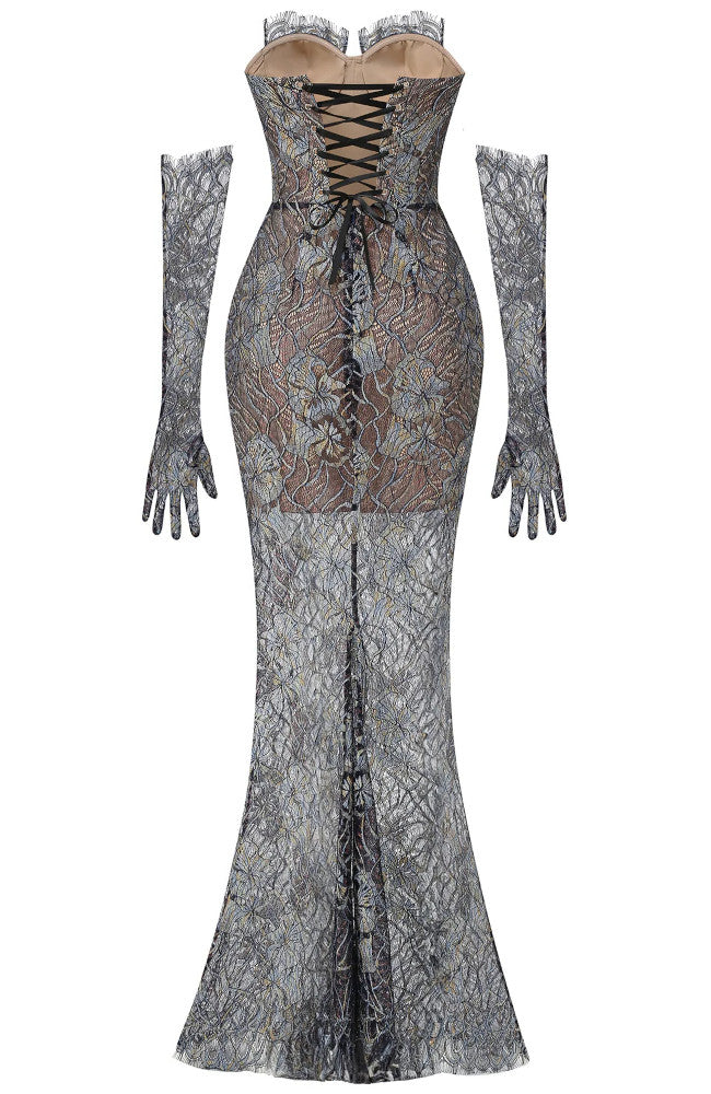 Strapless Corset Lace Maxi Dress Black Silver