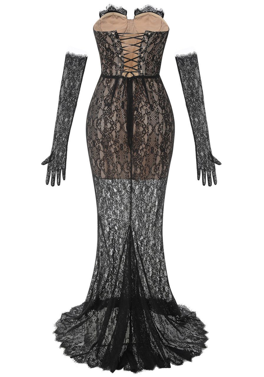 Strapless Lace Bustier Corset Maxi Dress Black