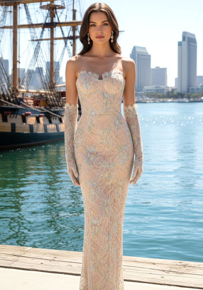 Strapless Corset Lace Maxi Dress Nude