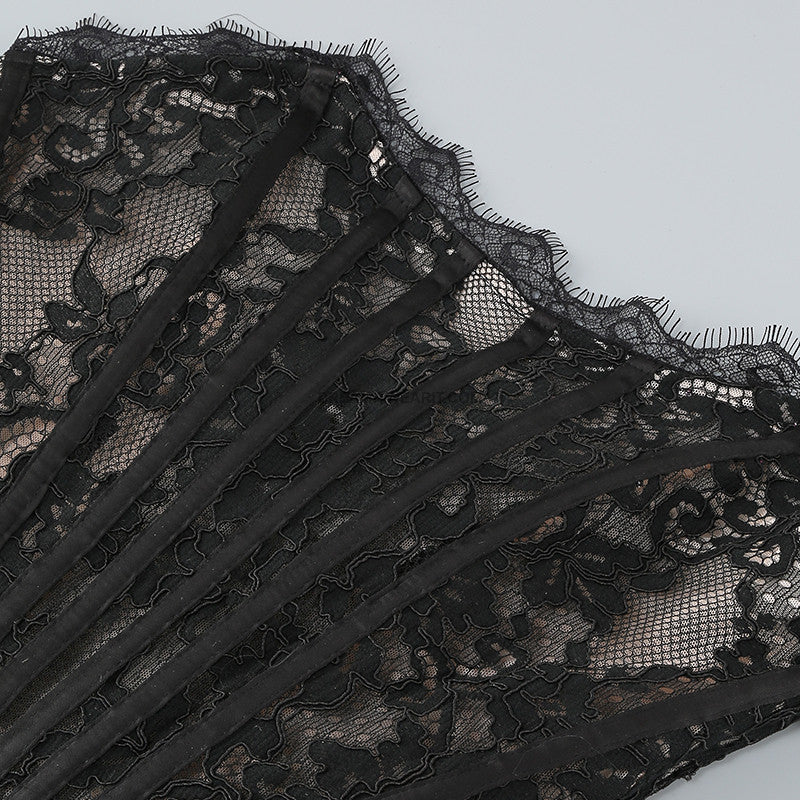 Strapless Lace Draped Corset Dress Black