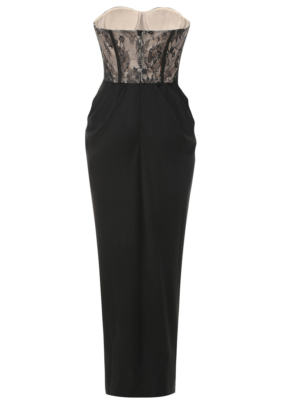 Strapless Lace Bustier Draped Maxi Dress Black