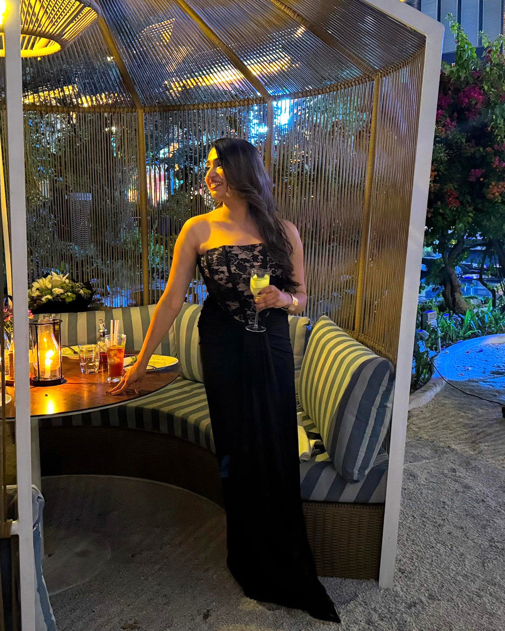 Strapless Lace Bustier Draped Maxi Dress Black