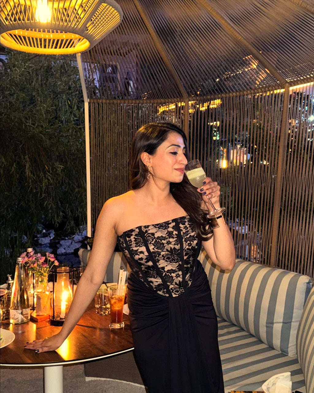 Strapless Lace Bustier Draped Maxi Dress Black