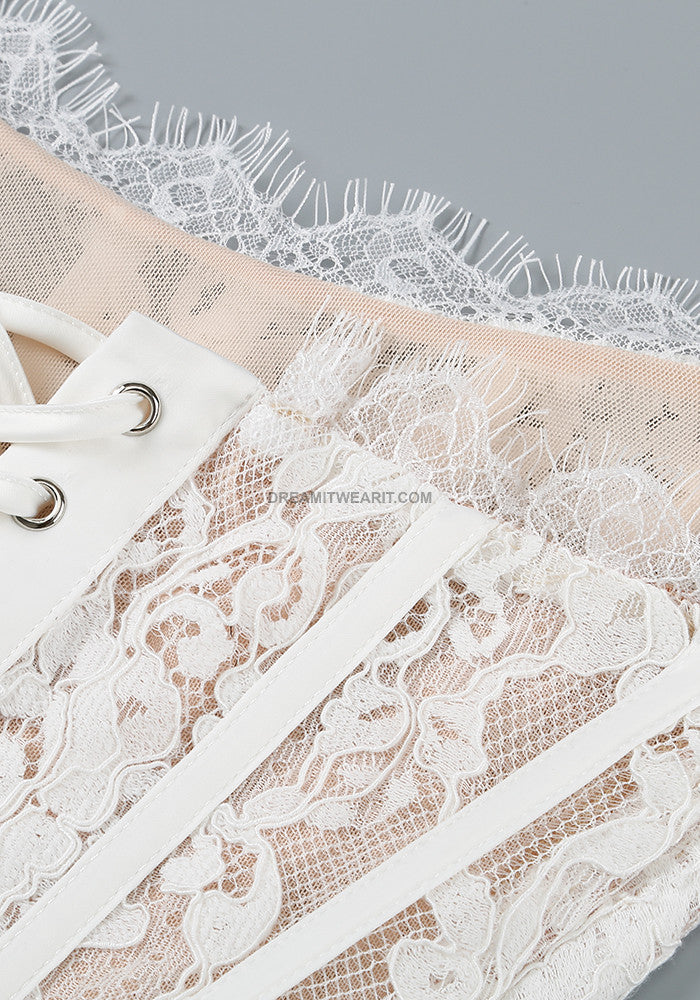 Strapless Lace Draped Corset Dress White